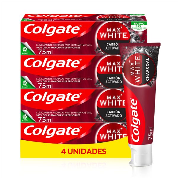 Colgate Max White Carbón Activado, Pasta de dientes Blanqueadora, Sonrisa Más Blanca, Pack 4x75ml Embalaje Deteriorado Online