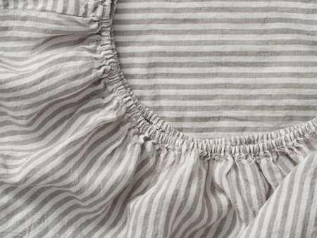 100% Linen Fitted Sheet in Grey & White Stripe on Sale